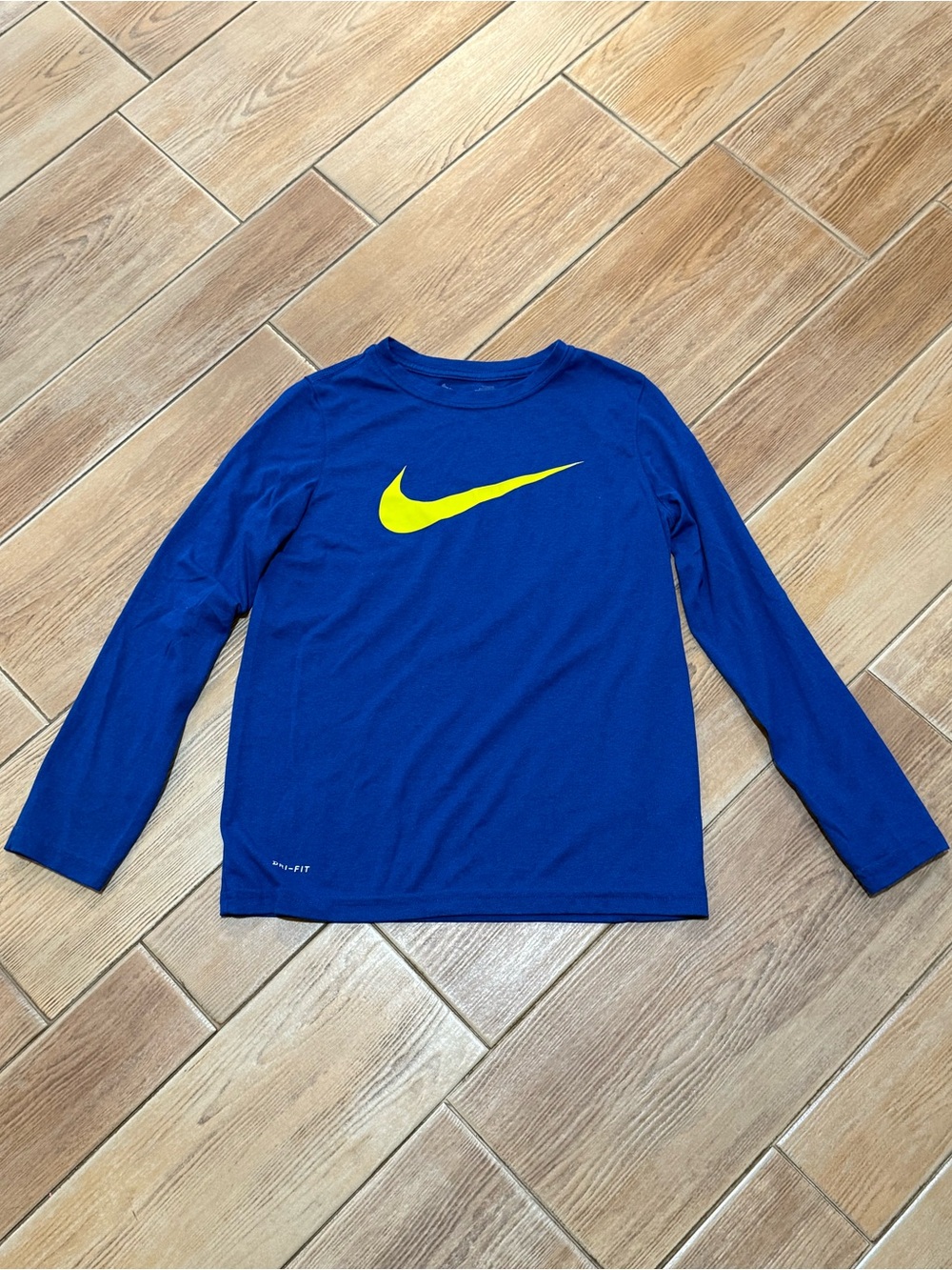 Nike Blue Long-Sleeve Dri-Fit Tee with Yellow Swoosh